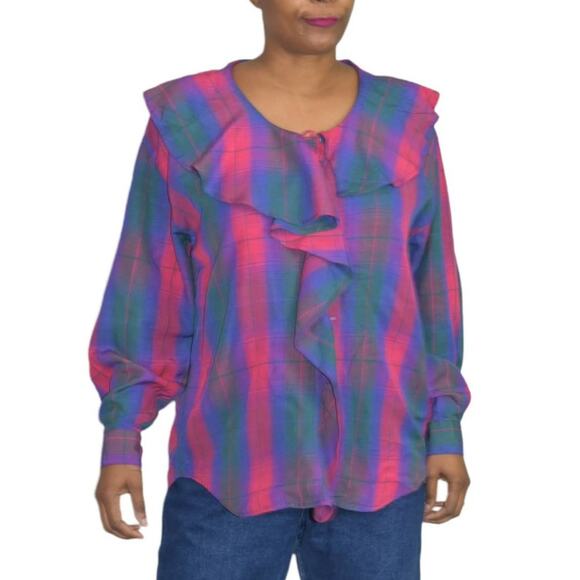 Ruffle Collar Blouse Vintage Pink Purple Plaid 90s Button Front Top Size Medium - Picture 5 of 12